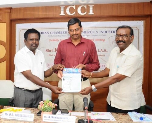 Mr.Elambahavath, IASDistrict Collector. Thoothukudi released our newly designed Varthaga malar ( ICCI- House journal)on 30/9/24  in our Chamber meeting.